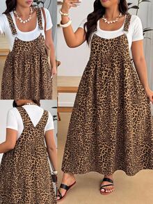 Enliva Plus Size Leopard Print Casual Vacation Strap Dress - Brown - View 2