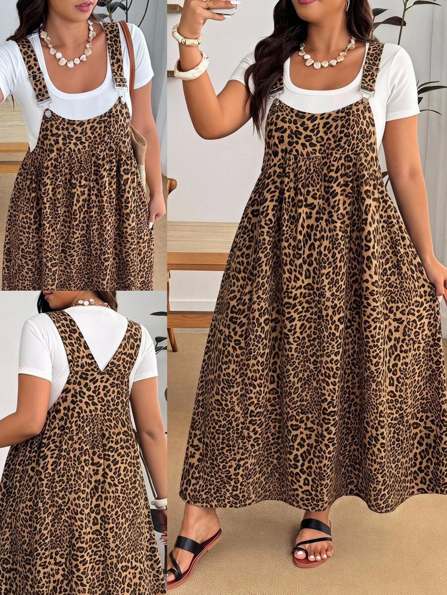 Enliva Plus Size Leopard Print Casual Vacation Strap Dress