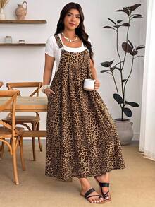 Enliva Plus Size Leopard Print Casual Vacation Strap Dress - Brown - View 8
