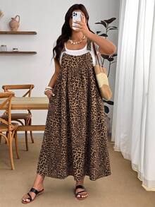 Enliva Plus Size Leopard Print Casual Vacation Strap Dress - Brown - View 7