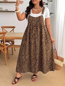Enliva Plus Size Leopard Print Casual Vacation Strap Dress - Brown - View 5
