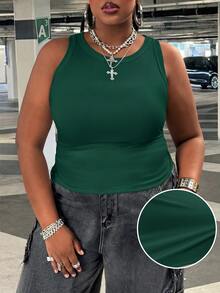 SHEIN CURVE+ 女款大尺碼休閒反社交寬鬆基本修身深綠色圓領露肩背心，適合夏季正式場合、健身、度假與晚宴 - 墨綠色 - 查看 8