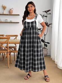 Enliva Plus Size Fashion Versatile Plaid Pocket Dress For Vacation - Black and White - View 5