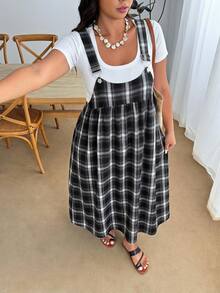 Enliva Plus Size Fashion Versatile Plaid Pocket Dress For Vacation - Black and White - View 9