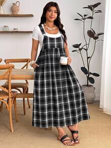 Enliva Plus Size Fashion Versatile Plaid Pocket Dress For Vacation - Black and White - View 8