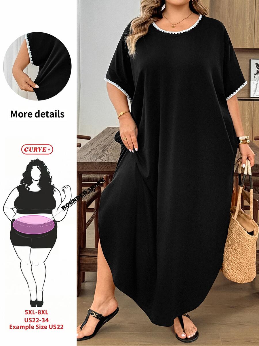 SHEIN CURVE+ Plus Size Vacation Casual Soft Form Black And White Colorblock Trim Dress Bussines, Summer 2026 22W Formal
