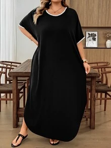 SHEIN CURVE+ Plus Size Vacation Casual Soft Form Black And White Colorblock Trim Dress Bussines, Summer 2026 22W Formal - Black and White - View 7