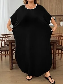 SHEIN CURVE+ Plus Size Vacation Casual Soft Form Black And White Colorblock Trim Dress Bussines, Summer 2026 22W Formal - Black and White - View 4