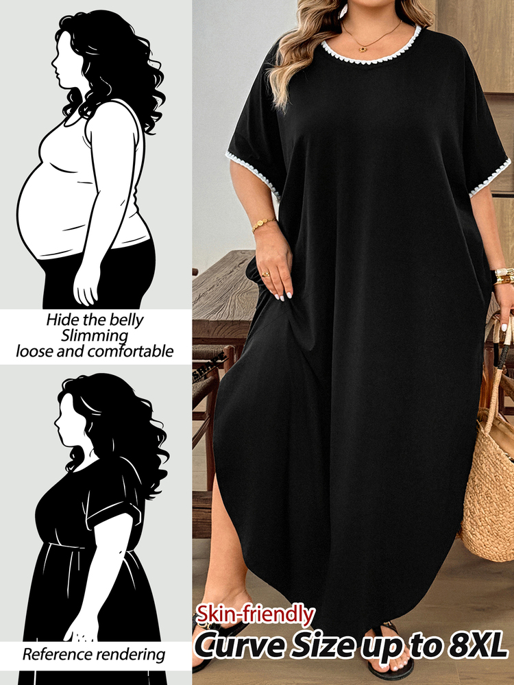 SHEIN CURVE+ 大尺碼度假休閒軟挺黑色拼接白色飾邊洋裝 2026夏季 22W 正式商務風 - 黑與白 - 查看 10