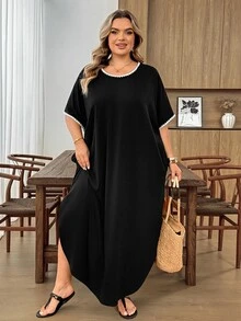 SHEIN CURVE+ Plus Size Vacation Casual Soft Form Black And White Colorblock Trim Dress Bussines, Summer 2026 22W Formal - Black and White - View 9