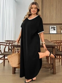 SHEIN CURVE+ Plus Size Vacation Casual Soft Form Black And White Colorblock Trim Dress Bussines, Summer 2026 22W Formal - Black and White - View 8