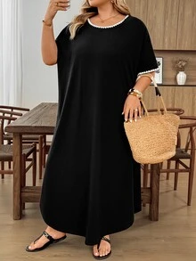 SHEIN CURVE+ Plus Size Vacation Casual Soft Form Black And White Colorblock Trim Dress Bussines, Summer 2026 22W Formal - Black and White - View 10