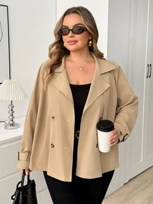 SHEIN CURVE+ 大尺碼時尚休閒寬鬆日常基本款經典卡其色短版風衣，2026冬季 22W - 卡其色 - 查看 4