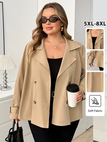 SHEIN CURVE+ 大尺碼時尚休閒寬鬆日常基本款經典卡其色短版風衣，2026冬季 22W - 卡其色 - 查看 11