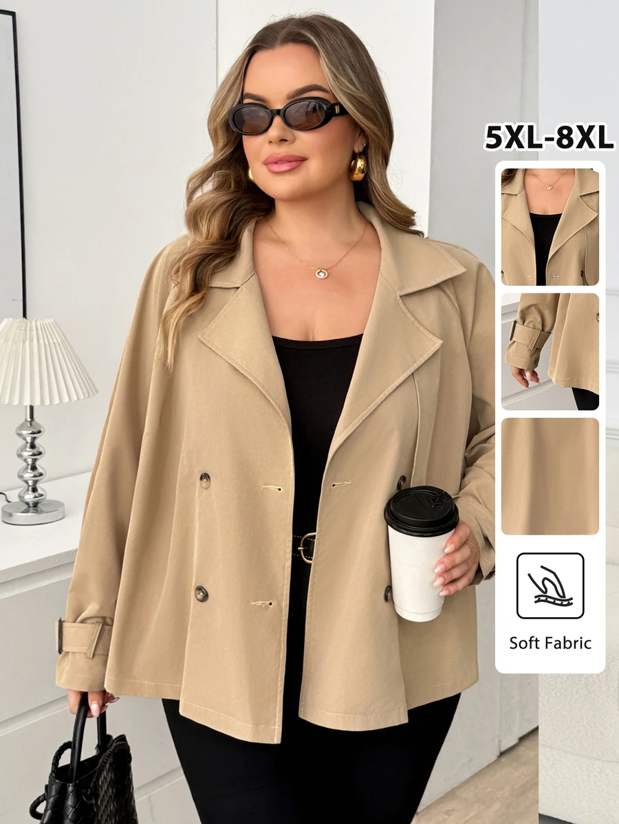 SHEIN CURVE+ Plus Size And Fashion Casual Loose Daily Basic Classic Khaki Short Trench, Winter 2026 22W