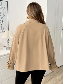 SHEIN CURVE+ 大尺碼時尚休閒寬鬆日常基本款經典卡其色短版風衣，2026冬季 22W - 卡其色 - 查看 3