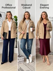 SHEIN CURVE+ 大尺碼時尚休閒寬鬆日常基本款經典卡其色短版風衣，2026冬季 22W - 卡其色 - 查看 10