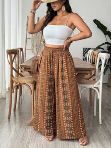 Freevana Women's Plus Size Wide Leg Pants With Pockets, Elegant Boho Casual Streetwear Vacation Spring Summer Women's Clothing Plus Size Long Pants Beach Beige - Brown - View 5