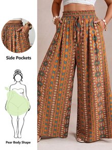 Freevana Women's Plus Size Wide Leg Pants With Pockets, Elegant Boho Casual Streetwear Vacation Spring Summer Women's Clothing Plus Size Long Pants Beach Beige - Brown - View 14