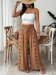 Freevana Women's Plus Size Wide Leg Pants With Pockets, Elegant Boho Casual Streetwear Vacation Spring Summer Women's Clothing Plus Size Long Pants Beach Beige - Brown - View 6