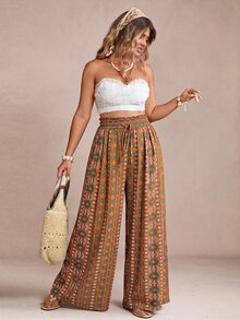 Freevana Women's Plus Size Wide Leg Pants With Pockets, Elegant Boho Casual Streetwear Vacation Spring Summer Women's Clothing Plus Size Long Pants Beach Beige - Brown - View 11
