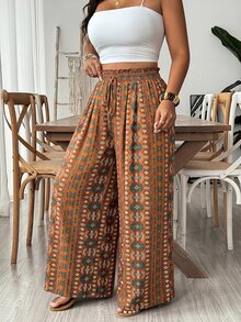 Freevana Women's Plus Size Wide Leg Pants With Pockets, Elegant Boho Casual Streetwear Vacation Spring Summer Women's Clothing Plus Size Long Pants Beach Beige - Brown - View 1