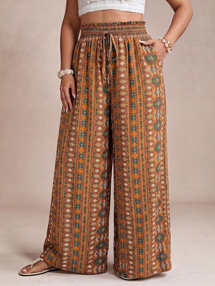 Freevana Pantalones de pierna ancha con bolsillos para mujer talla grande, ropa elegante casual de calle para vacaciones primavera verano, pantalones largos para mujer talla grande - Marrón - Añade 4
