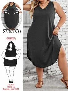 SHEIN CURVE+ 大尺碼女款純色圓弧下擺背心洋裝 正式度假深色水洗 夏季休閒 柔軟修身 商務休閒居家辦公 - 深灰色 - 查看 10