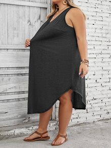 SHEIN CURVE+ 大尺碼女款純色圓弧下擺背心洋裝 正式度假深色水洗 夏季休閒 柔軟修身 商務休閒居家辦公 - 深灰色 - 查看 8