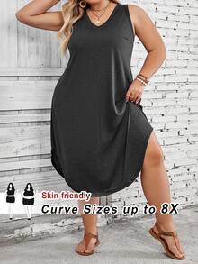 SHEIN CURVE+ 大尺碼女款純色圓弧下擺背心洋裝 正式度假深色水洗 夏季休閒 柔軟修身 商務休閒居家辦公 - 深灰色 - 查看 6