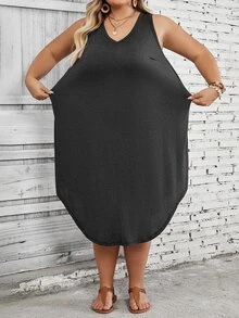 SHEIN CURVE+ 大尺碼女款純色圓弧下擺背心洋裝 正式度假深色水洗 夏季休閒 柔軟修身 商務休閒居家辦公 - 深灰色 - 查看 9