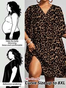SHEIN CURVE+ Plus Size Leopard Print V-Neck Short Sleeve Loose Casual Dress Bussines, Fall Winter 2026 22W - Multicolor - View 9
