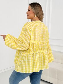 SHEIN CURVE+ Plus Size Cow Girl Cottage Core Fairycore Sexy Tie-Front Plaid Shirt Date Night Vacation Party, Autumn 2026 22W Back To School White - Yellow - View 3