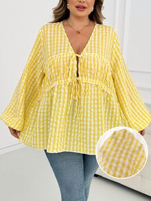 SHEIN CURVE+ Plus Size Cow Girl Cottage Core Fairycore Sexy Tie-Front Plaid Shirt Date Night Vacation Party, Autumn 2026 22W Back To School White - Yellow - View 11