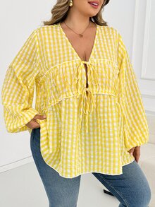 SHEIN CURVE+ Plus Size Cow Girl Cottage Core Fairycore Sexy Tie-Front Plaid Shirt Date Night Vacation Party, Autumn 2026 22W Back To School White - Yellow - View 7