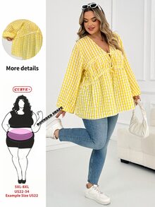 SHEIN CURVE+ Plus Size Cow Girl Cottage Core Fairycore Sexy Tie-Front Plaid Shirt Date Night Vacation Party, Autumn 2026 22W Back To School White - Yellow - View 10