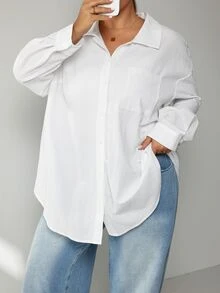 SHEIN CURVE+ 大尺碼女款純棉休閒寬鬆傳統優雅白色襯衫，秋季上衣，適用教師節、早午餐、辦公室、確認儀式、度假、正式場合、俱樂部 - 白色 - 查看 8