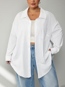 SHEIN CURVE+ 大尺碼女款純棉休閒寬鬆傳統優雅白色襯衫，秋季上衣，適用教師節、早午餐、辦公室、確認儀式、度假、正式場合、俱樂部 - 白色 - 查看 6