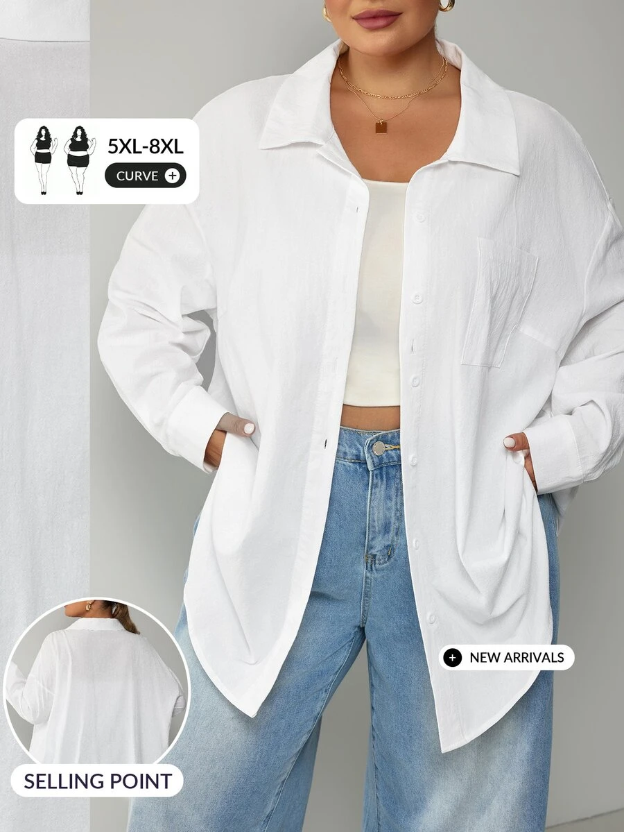 SHEIN CURVE+ 大尺碼女款純棉休閒寬鬆傳統優雅白色襯衫,秋季上衣,適用教師節、早午餐、辦公室、確認儀式、度假、正式場合、俱樂部 - 白色 - 查看 1