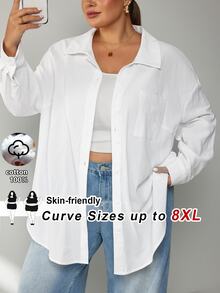 SHEIN CURVE+ 大尺碼女款純棉休閒寬鬆傳統優雅白色襯衫，秋季上衣，適用教師節、早午餐、辦公室、確認儀式、度假、正式場合、俱樂部 - 白色 - 查看 10