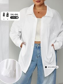 SHEIN CURVE+ 大尺碼女款純棉休閒寬鬆傳統優雅白色襯衫，秋季上衣，適用教師節、早午餐、辦公室、確認儀式、度假、正式場合、俱樂部 - 白色 - 查看 14