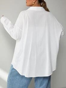 SHEIN CURVE+ 大尺碼女款純棉休閒寬鬆傳統優雅白色襯衫，秋季上衣，適用教師節、早午餐、辦公室、確認儀式、度假、正式場合、俱樂部 - 白色 - 查看 5