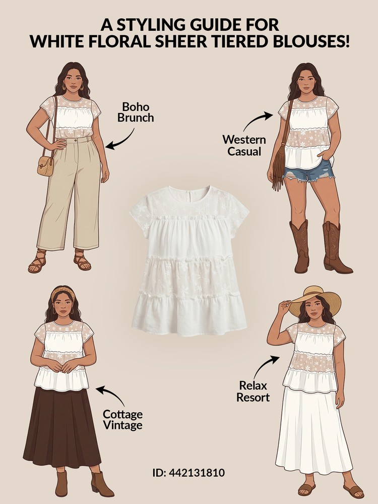 Freevana Plus Size Casual Solid Color Floral Embroidery Patchwork Shirt Brunch Vacation Floral White Summer - White - View 12