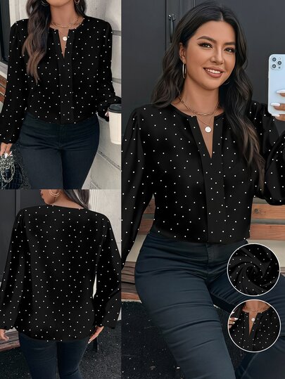 EMERY ROSE Plus Size Women's Elegant Minimalist Black And White Polka Dot Print Long Sleeve Shirt,Office Autumn Blouse Top,Back To School Teacher's Day Vacation