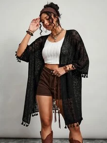 Freevana 黑白大尺碼和服式V領3/4袖外套，度假沙灘穿搭，袖口與下擺流蘇裝飾，幾何蕾絲鏤空上衣，秋季款 - 黑色 - 查看 10