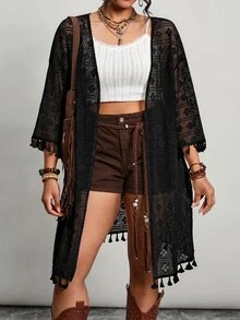 Freevana 黑白大尺碼和服式V領3/4袖外套，度假沙灘穿搭，袖口與下擺流蘇裝飾，幾何蕾絲鏤空上衣，秋季款 - 黑色 - 查看 9