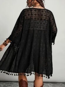 Freevana 黑白大尺碼和服式V領3/4袖外套，度假沙灘穿搭，袖口與下擺流蘇裝飾，幾何蕾絲鏤空上衣，秋季款 - 黑色 - 查看 6