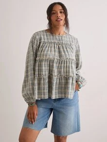 Freevana 女款復古鄉村風藍白格紋圓領長袖娃娃衫上衣－層次荷葉邊鬆身襯衫 - 藍色 - 查看 3