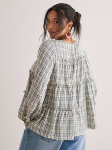 Freevana 女款復古鄉村風藍白格紋圓領長袖娃娃衫上衣－層次荷葉邊鬆身襯衫 - 藍色 - 查看 2