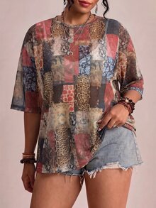 Freevana Plus Size Women's Fall Patchwork Leopard & Floral Print Round Neck Blouse Top Casual Style - Multicolor - View 5